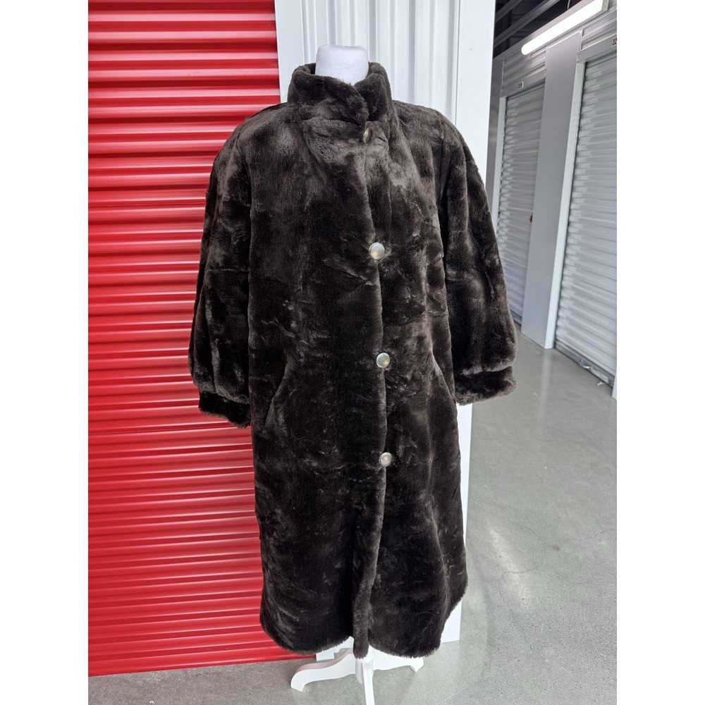 Marvin Richards Coat Womens Petite Brown Faux Fur Long Button Front Collared USA